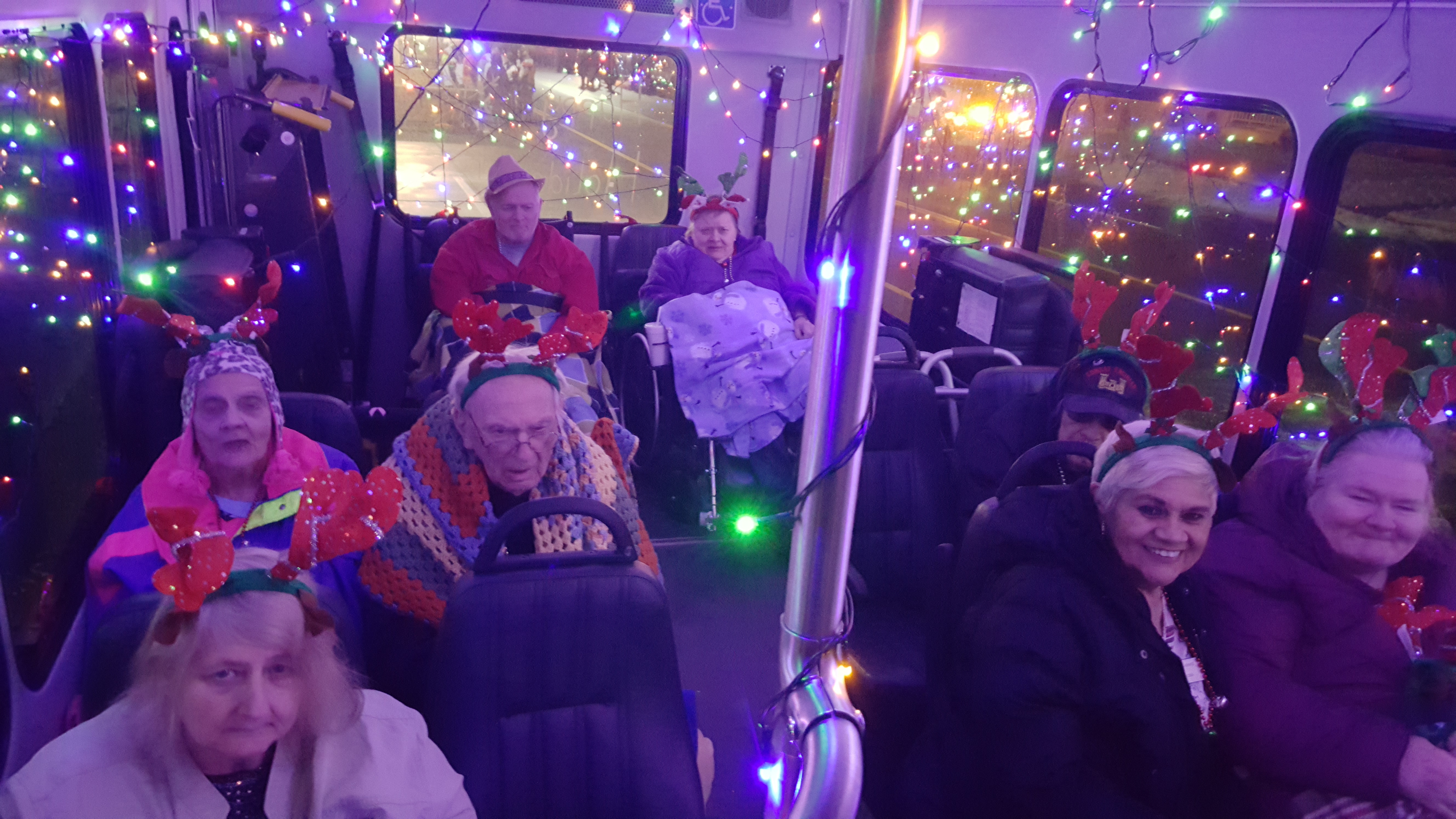 residents on bus decked out for chrismas